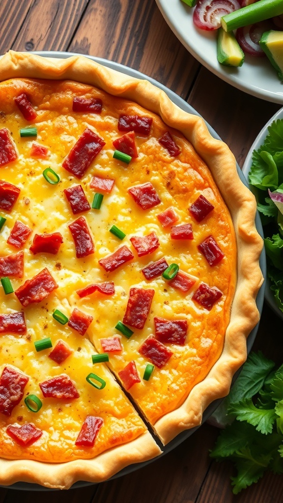 A slice of bacon and cheese quiche on a plate, garnished with chives, with a whole quiche in the background.